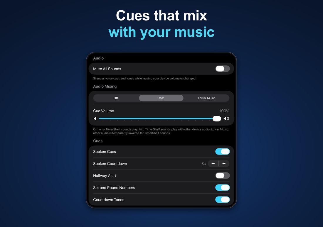 Cues that mix with your music: iPhone Duo — spoken cues, countdowns, and audio mixing settings