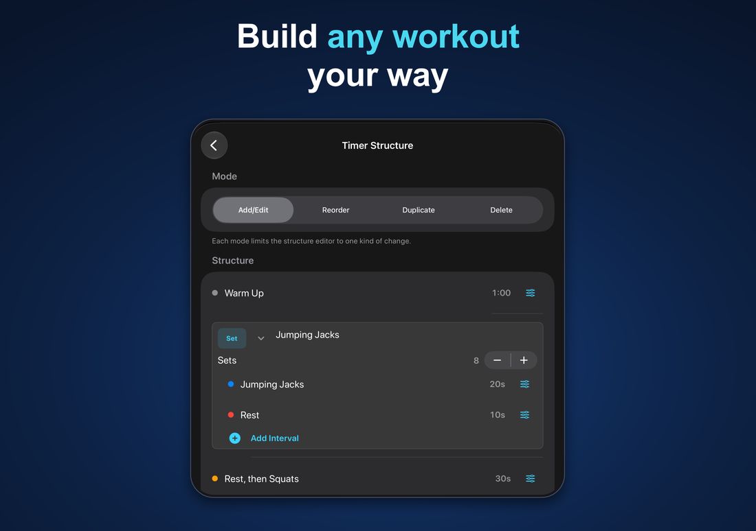 Build any workout your way: iPhone Duo — timer structure editor with sets and intervals