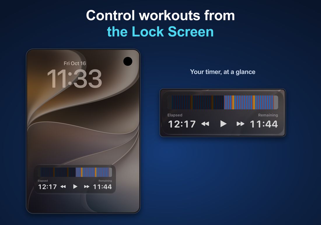 Control workouts from the Lock Screen: iPhone Duo — Live Activity with elapsed and remaining time and playback controls