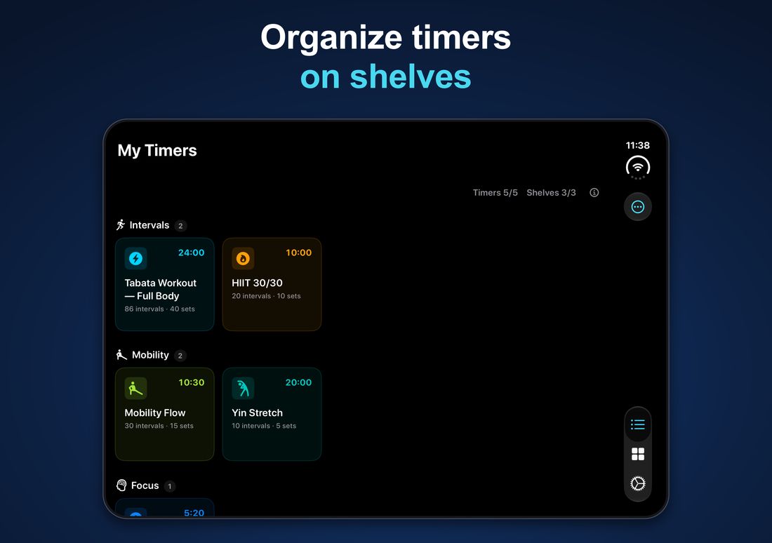 Organize timers on shelves: iPhone Duo — My Timers grouped on Intervals, Mobility, and Focus shelves