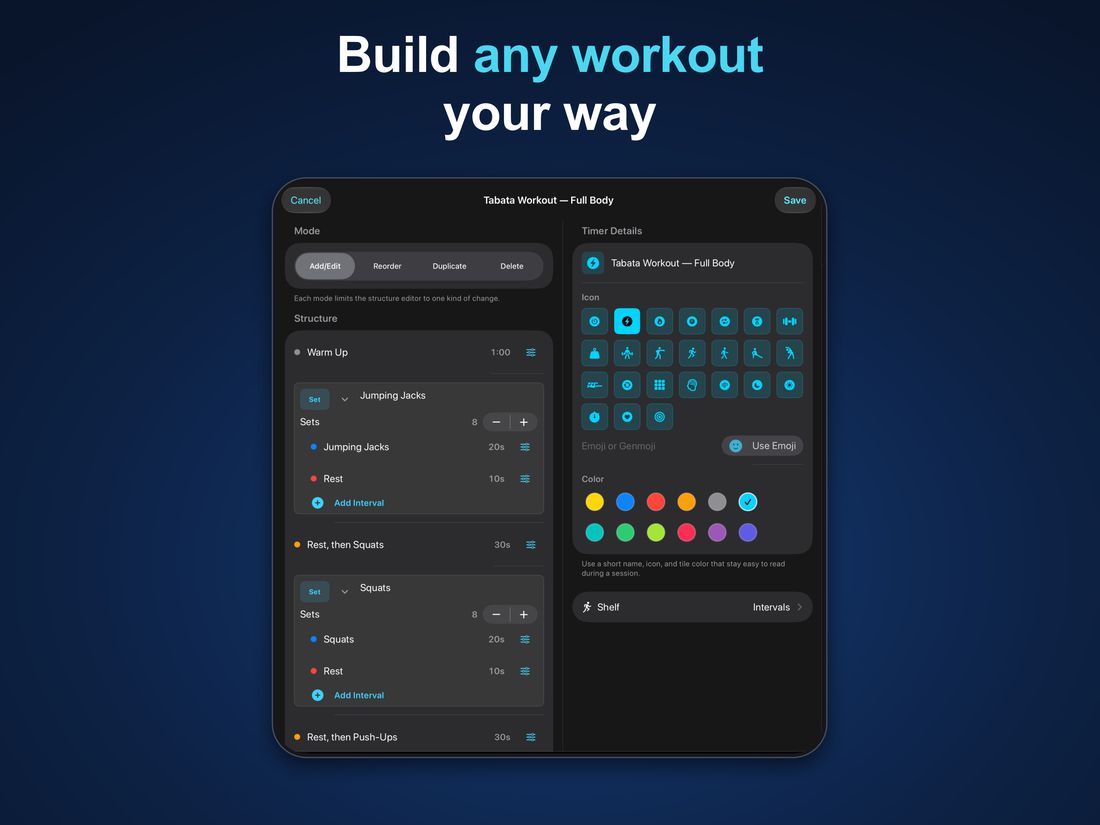 Build any workout your way: iPad — timer structure editor with sets and intervals
