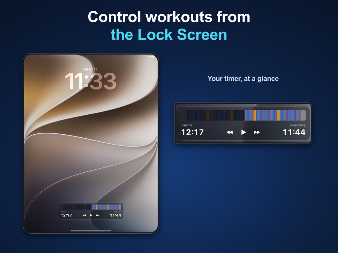 Control workouts from the Lock Screen: iPad — Live Activity with elapsed and remaining time and playback controls