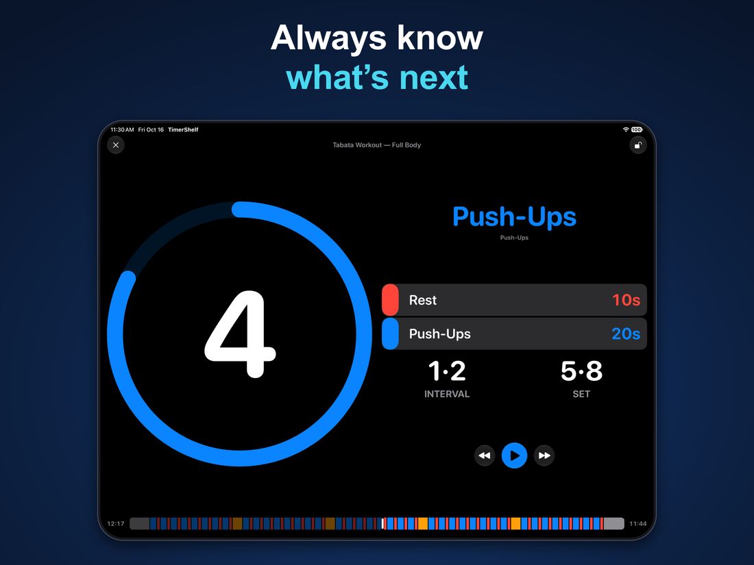 Always know what's next: iPad — active timer with a large countdown, upcoming intervals, and progress