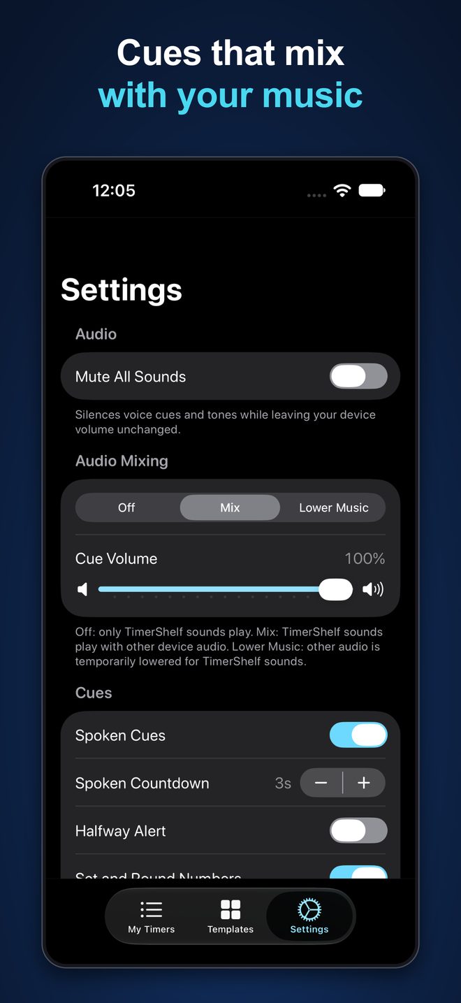 Cues that mix with your music: spoken cues, countdowns, and audio mixing settings
