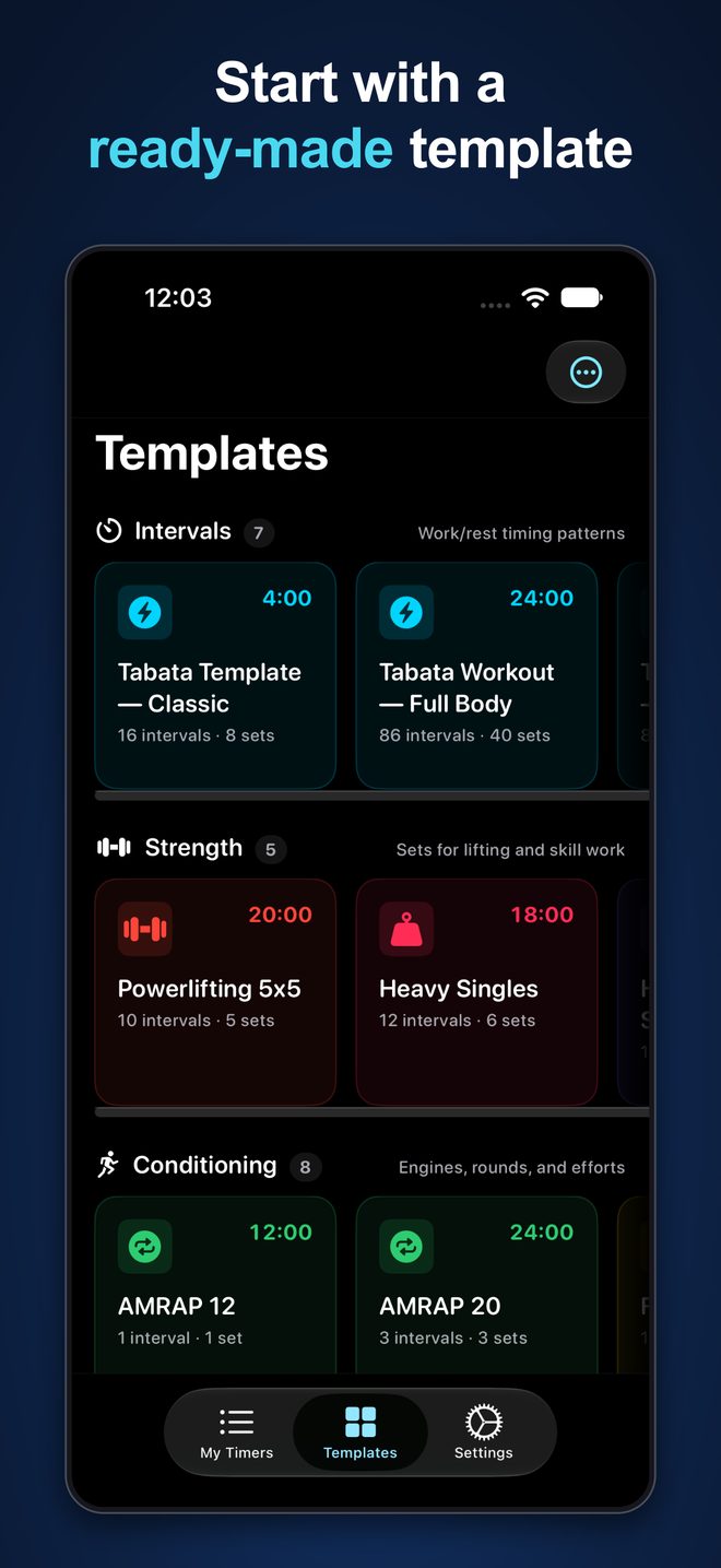 Start with a ready-made template: interval, strength, and conditioning templates