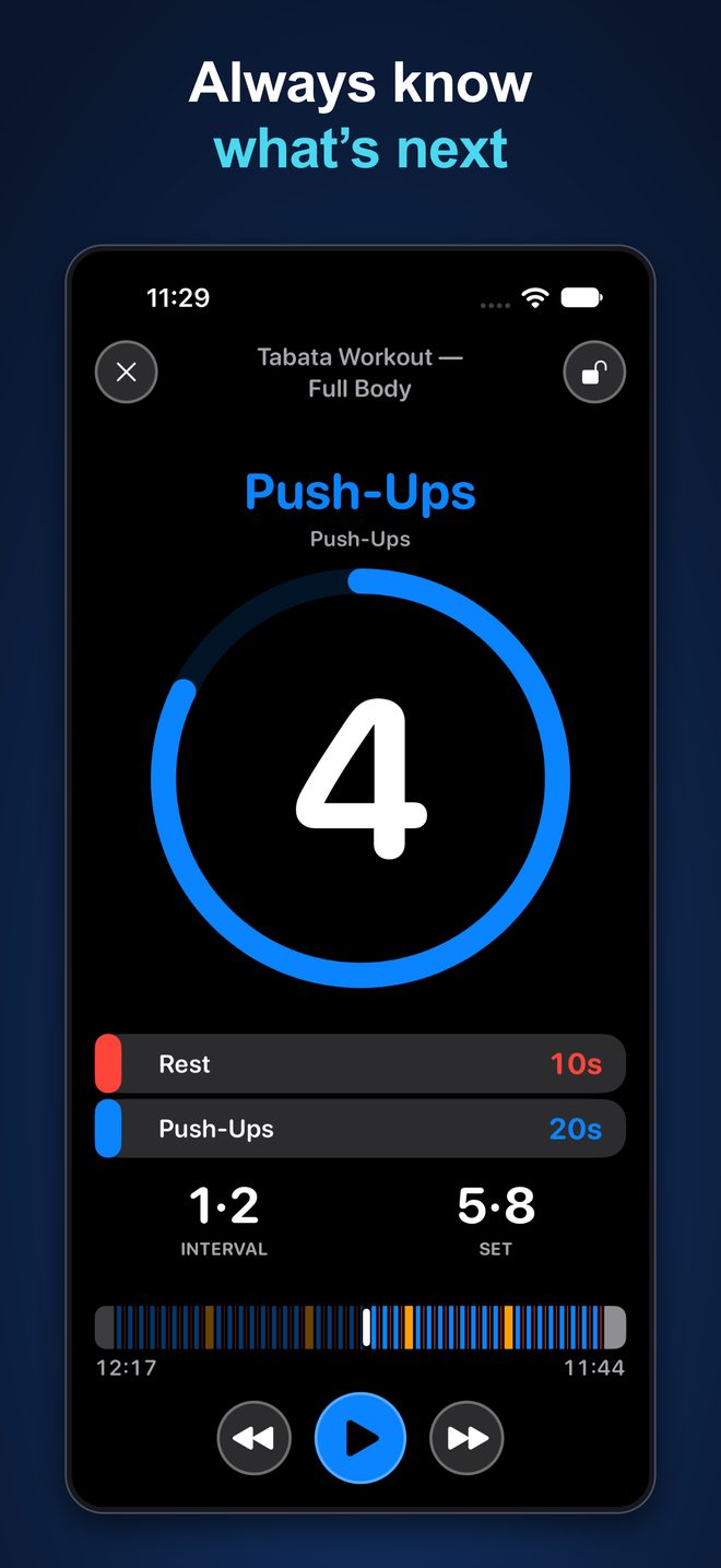 Always know what's next: active timer with a large countdown, upcoming intervals, and progress
